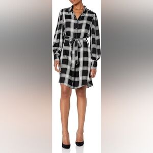 NWT Max Studio Woven Black & White Plaid Long Sleeve Shirt Dress Sz M